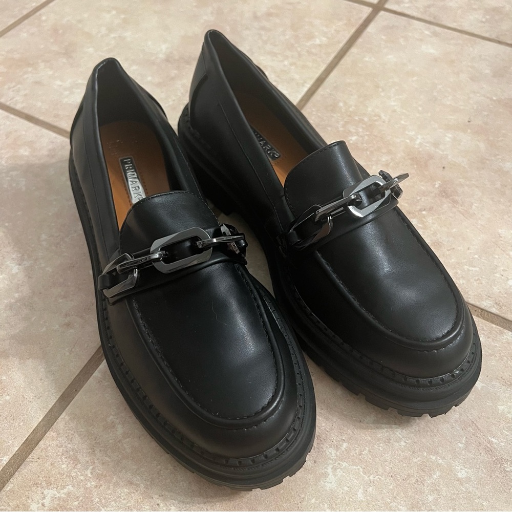 Primark Black Faux Leather Chain-Accent Loafers Size 8